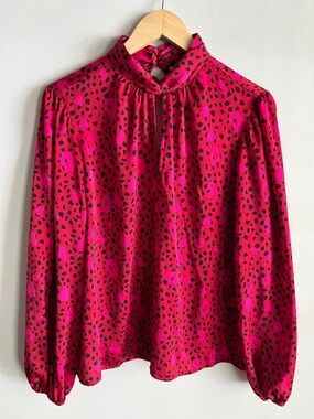 Nine West Red Pink Leopard Print Satin Blouse Tie Neck L NWT